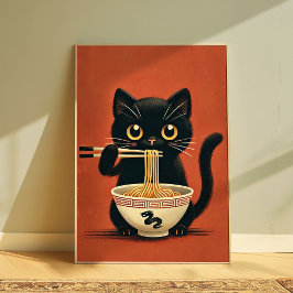 Cute Black Cat Eating Ramen Kawaii Noodle Wall Poster