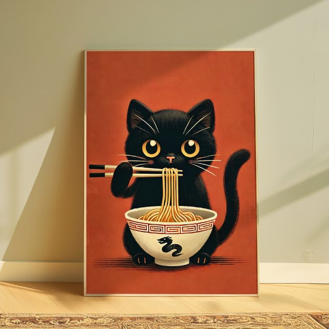 Cute Black Cat Eating Ramen Kawaii Noodle Wall Poster (Skapare uppladdad)