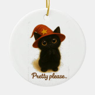 Cute Black Cat Emi Begging Pose – Kawaii Witch Hat Julgransprydnad Keramik