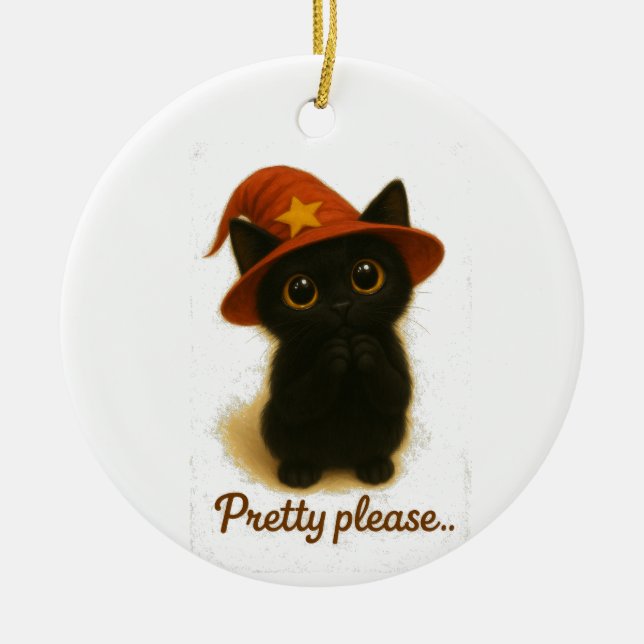 Cute Black Cat Emi Begging Pose – Kawaii Witch Hat Julgransprydnad Keramik (Framsidan)