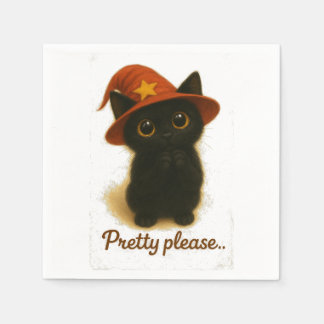 Cute Black Cat Emi Begging Pose – Kawaii Witch Hat Pappersservett