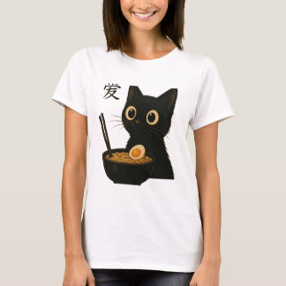 Cute Black Cat Enjoying Ramen - Lustigt och bitter T Shirt