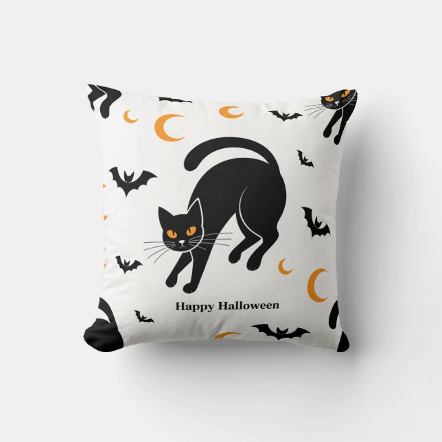 Cute Black Cat & Fladdermus Halloween Mönster Thro Kudde (Framsida)