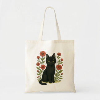 Cute Black Cat Floral Tote Bag Tygkasse