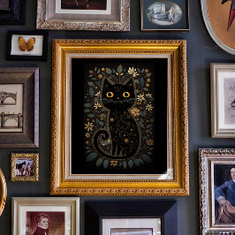 Cute Black Cat Folk Art Stil Skriv ut nedladdnings Poster