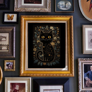 Cute Black Cat Folk Art Stil Skriv ut nedladdnings Poster