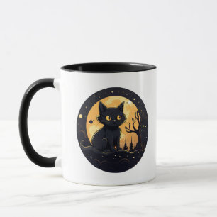 Cute Black Cat Full Moon Modern Halloween Mugg