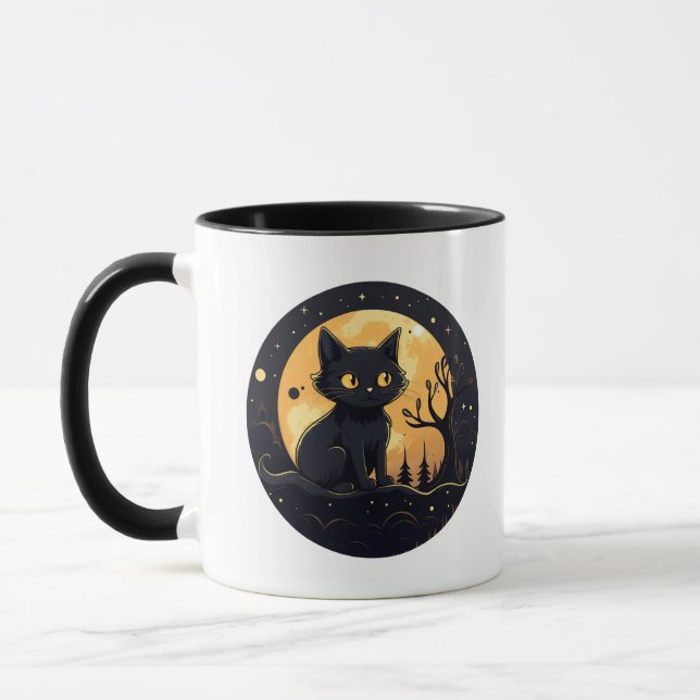 Cute Black Cat Full Moon Modern Halloween Mugg (Vänster)