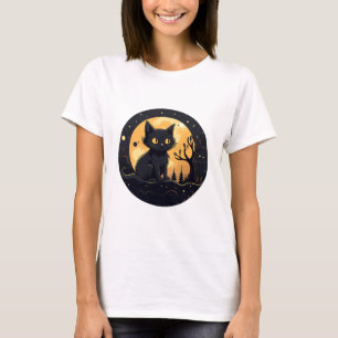 Cute Black Cat Full Moon Modern Halloween T Shirt