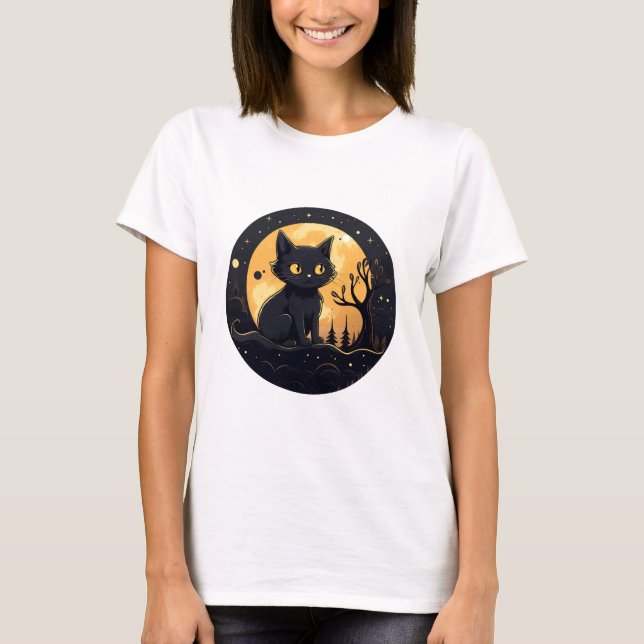 Cute Black Cat Full Moon Modern Halloween T Shirt (Framsida)