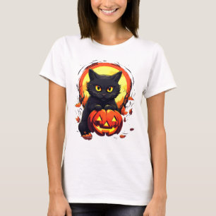 Cute Black Cat Full Moon Pumpkin Modern Halloween T Shirt