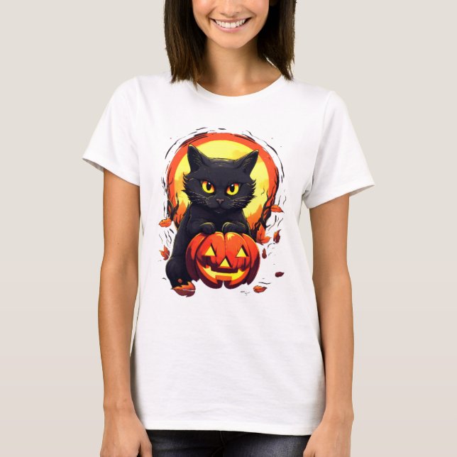 Cute Black Cat Full Moon Pumpkin Modern Halloween T Shirt (Framsida)