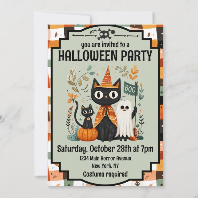 Cute Black Cat & Ghost Halloween Boo Inbjudningar (Framsida)