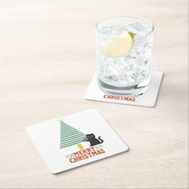 Cute Black Cat God jul Träd Helgdag Underlägg Papper Kvadrat