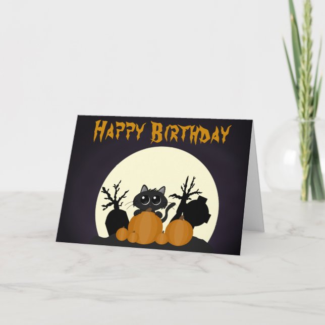 Cute Black Cat Graveyard Halloween Birthday Kort (Framsida)