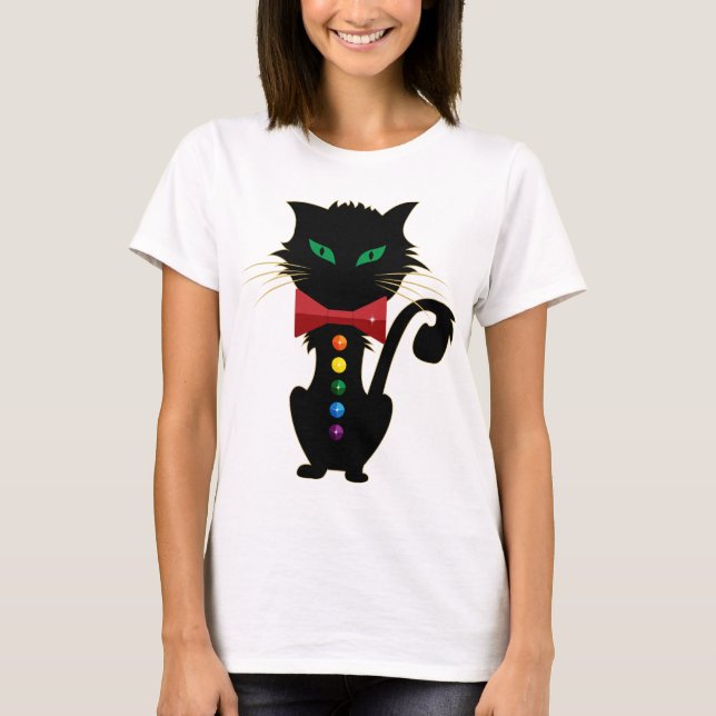 Cute Black Cat Grönt Ögon Regnbåge Färg Design T Shirt (Framsida)