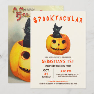 Cute Black Cat Halloween Birthday Inbjudningar