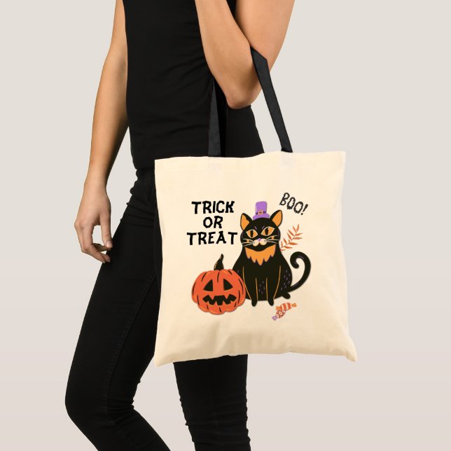 Cute Black Cat Halloween Bus eller godis Tygkasse (Framsida (produkt))