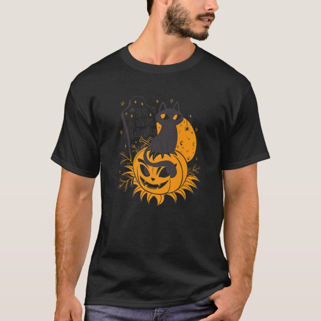 Cute Black Cat Halloween Jack O'lantern T Shirt (Framsida)