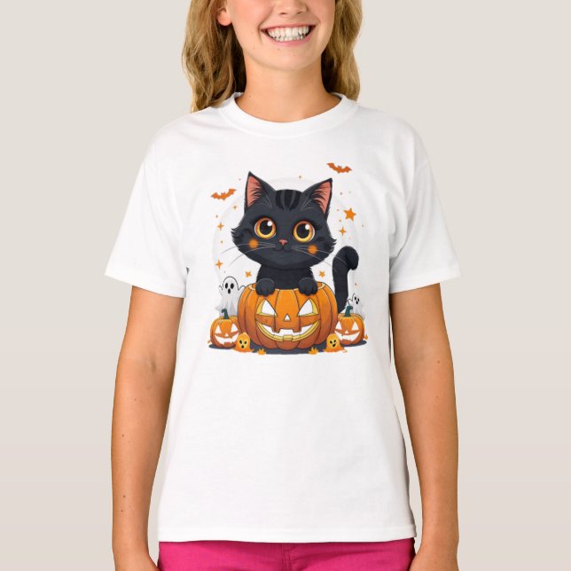 Cute Black Cat Halloween Kawaii Cat T Shirt (Framsida)