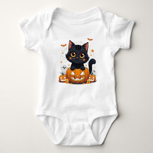 Cute Black Cat Halloween Kawaii T Shirt (Framsida)