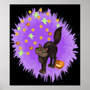 Cute Black Cat Halloween Lila Star Burst Poster