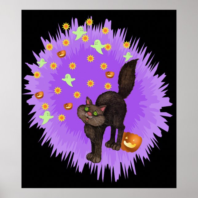 Cute Black Cat Halloween Lila Star Burst Poster (Framsidan)
