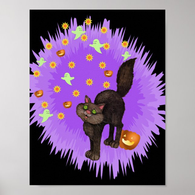Cute Black Cat Halloween Lila Star Burst Poster (Framsidan)