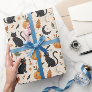 Cute Black Cat Halloween, Pumpkin & Moon Gift Wrap Presentpapper
