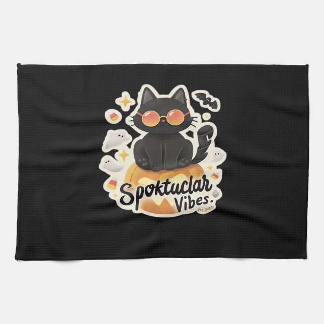 Cute Black Cat Halloween Pumpkin Oversized T-Shirt Kökshandduk (Horisontell)