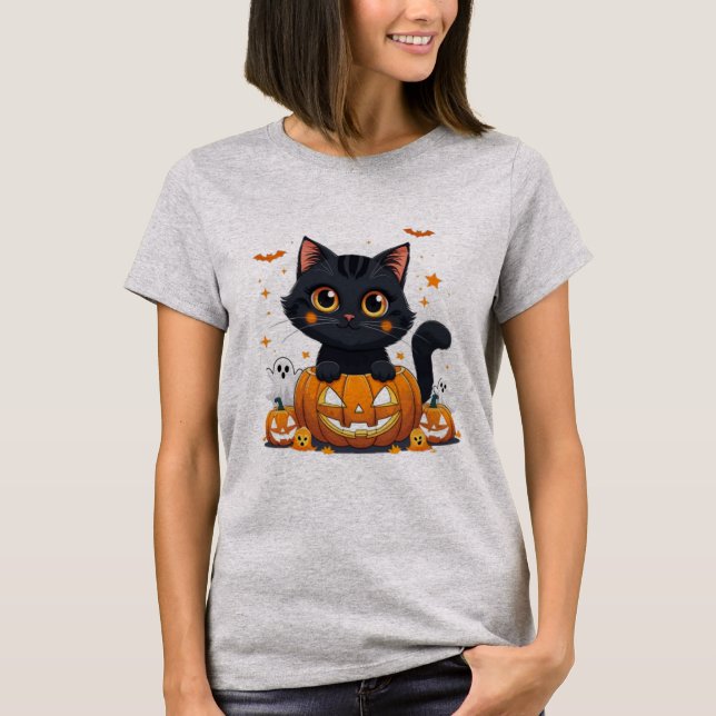 Cute Black Cat Halloween T-Shirt | Kawaii (Framsida)