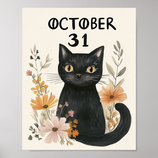 Cute Black Cat Halloween Watercolor Blommigt Poster (Framsidan)