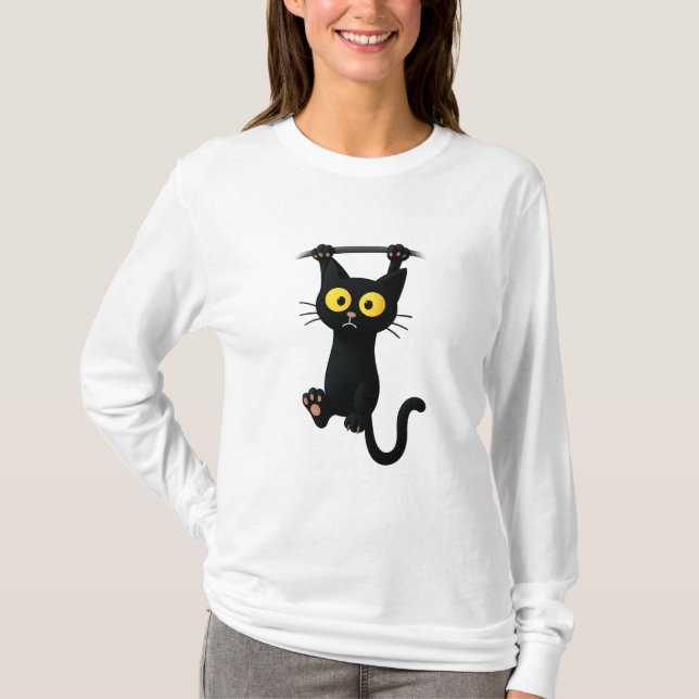 Cute Black Cat Hanging Cartoon – Funny Kawaii Cat  T Shirt (Framsida)