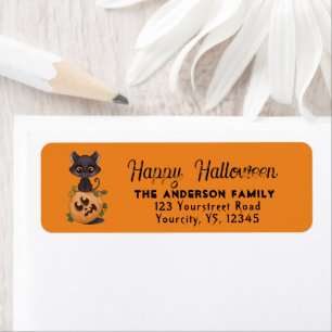 Cute black cat Happy halloween-carved pumpkin Labe Returadress Etikett