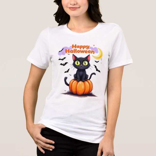 Cute Black Cat Happy halloween T-Shirt (Framsida)