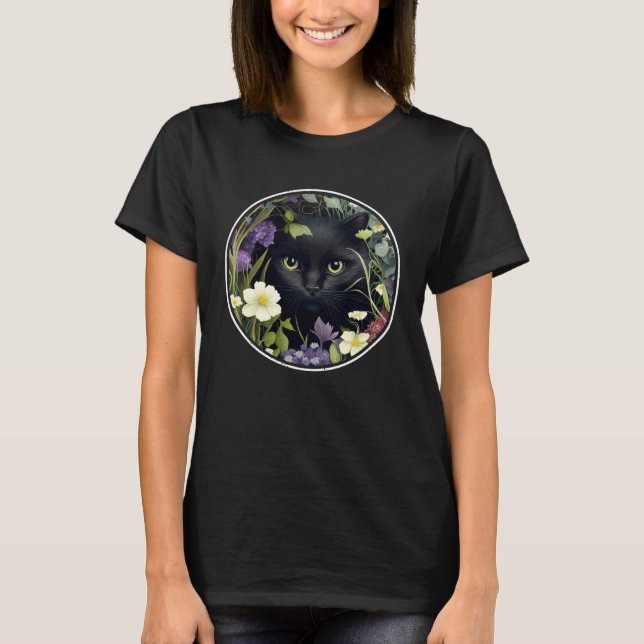 Cute Black Cat Hiding in Spring Flowers Aesthetic  T Shirt (Framsida)