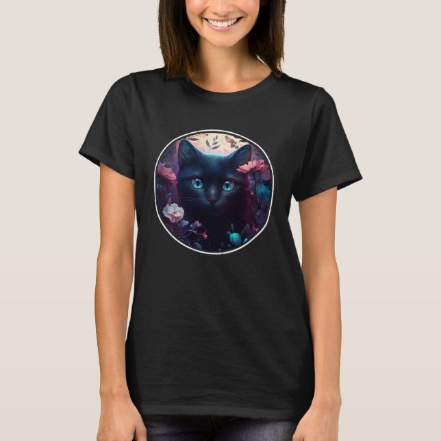 Cute Black Cat Hiding in Spring Flowers Aesthetic  T Shirt (Framsida)