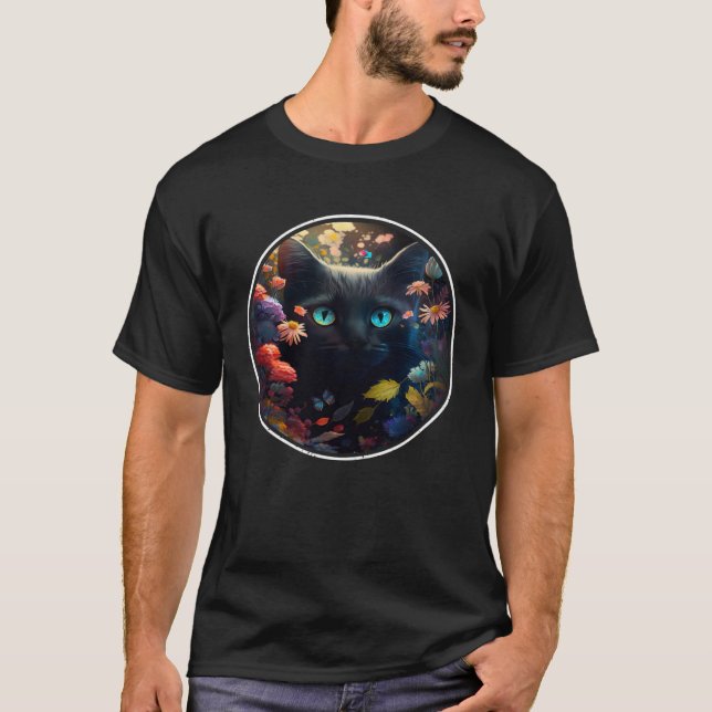 Cute Black Cat Hiding in Spring Flowers Aesthetic  T Shirt (Framsida)