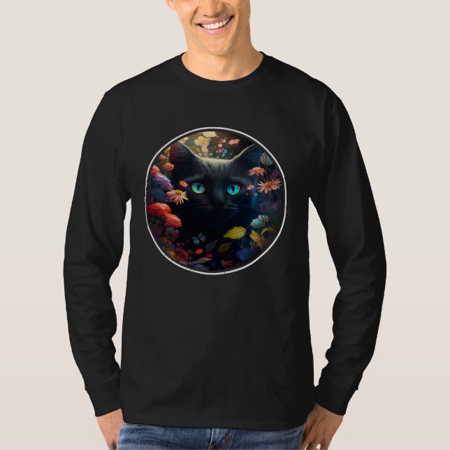 Cute Black Cat Hiding in Spring Flowers Aesthetic  T Shirt (Framsida)