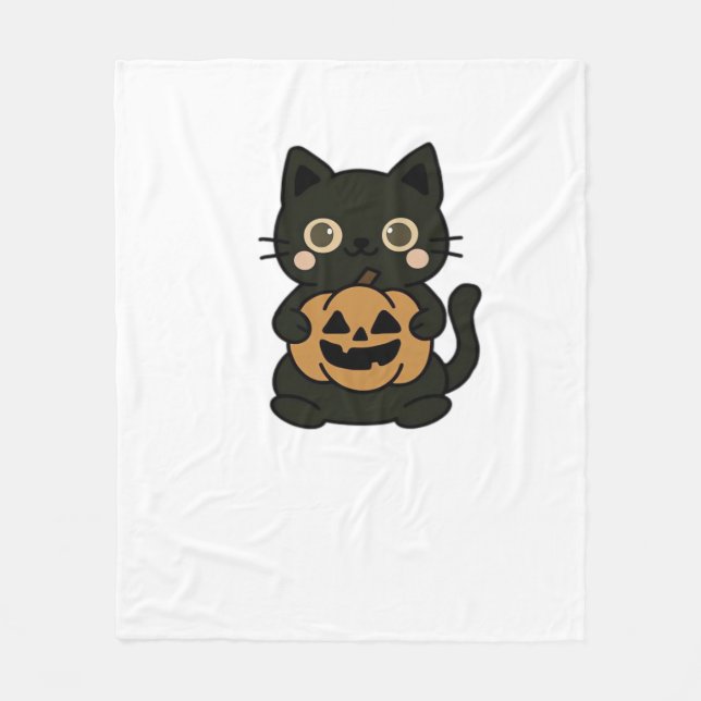Cute Black Cat Holding Jack o lantern Pumpkin - Ka Fleecefilt (Framsidan)