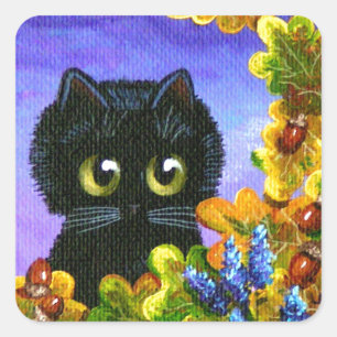 Cute Black Cat Höst löv Creationart Fyrkantigt Klistermärke