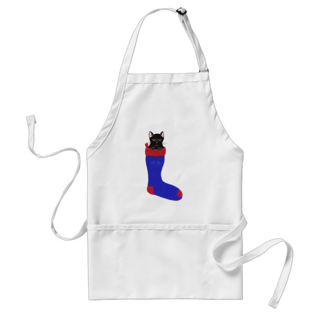 Cute Black Cat i blå julklapp Förkläde (Framsidan)