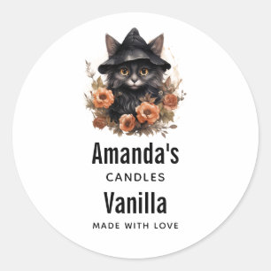 Cute Black Cat i en Witch-affär med Hat Candle Runt Klistermärke