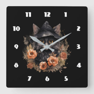 Cute Black Cat i en Witch Hat Fyrkantig Klocka
