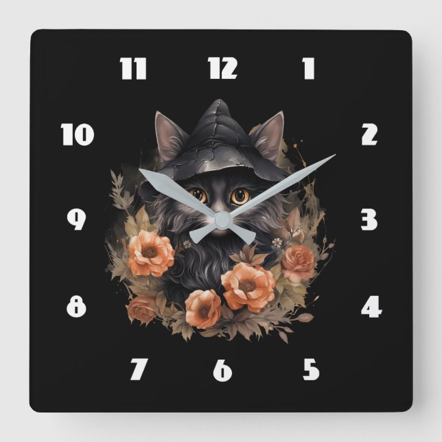 Cute Black Cat i en Witch Hat Fyrkantig Klocka (Framsida)