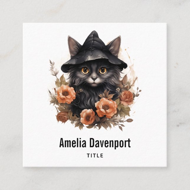 Cute Black Cat i en Witch Hat Fyrkantigt Visitkort (Framsida)