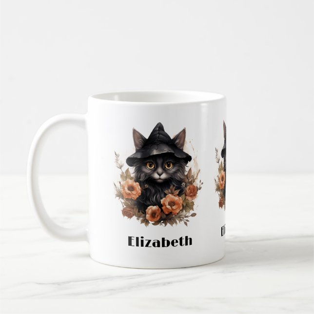 Cute Black Cat i en Witch Hat Kaffemugg (Vänster)