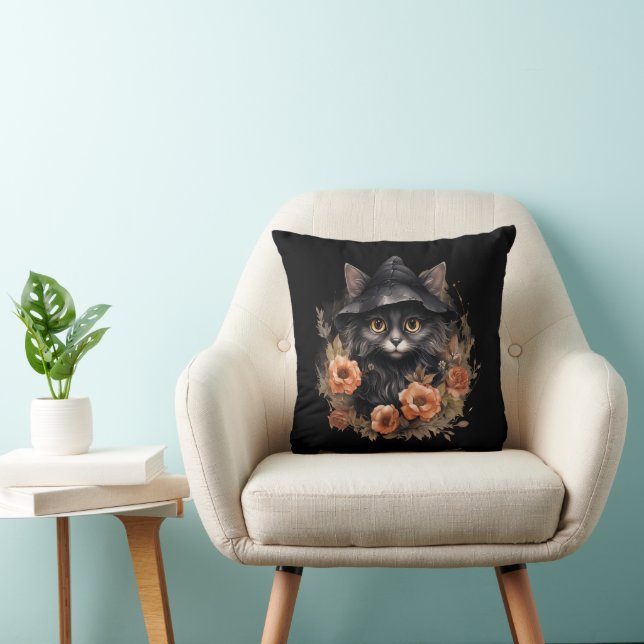 Cute Black Cat i en Witch Hat Kudde (Stol)