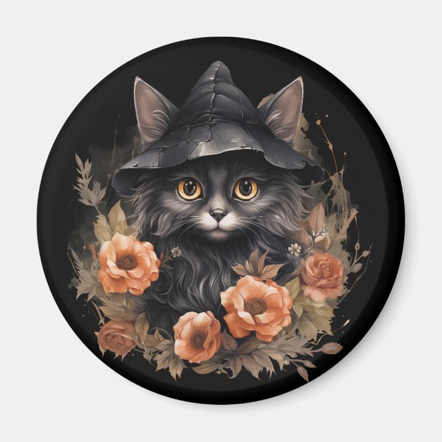Cute Black Cat i en Witch Hat Magnet (Framsidan)