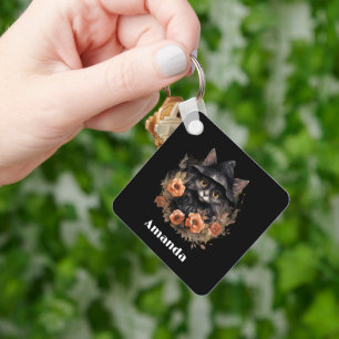 Cute Black Cat i en Witch Hat Nyckelring